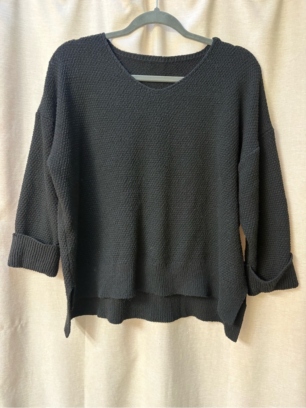 Women's Black V-Neck Textured Knit Sweater
